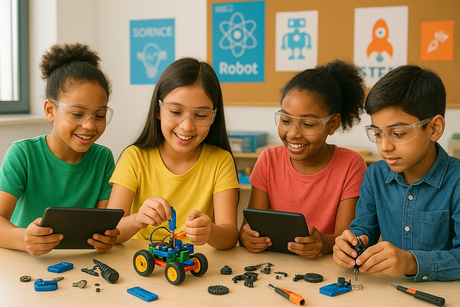 Students working on robotics